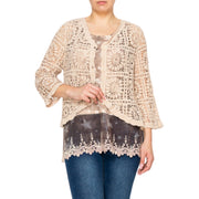 Origami Women's Short Crochet Button Front Cardigan, Taupe