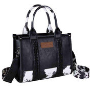 Wrangler Cow Print PU Leather Concealed Carry Tote Crossbody Purse- Black/Cow
