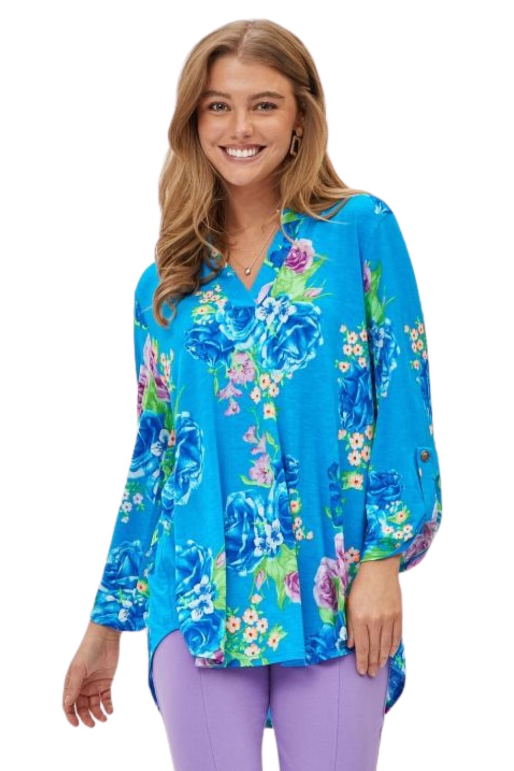 Dear Scarlett Womens Lizzy Relaxed Flowy High Low Blouse, Blue