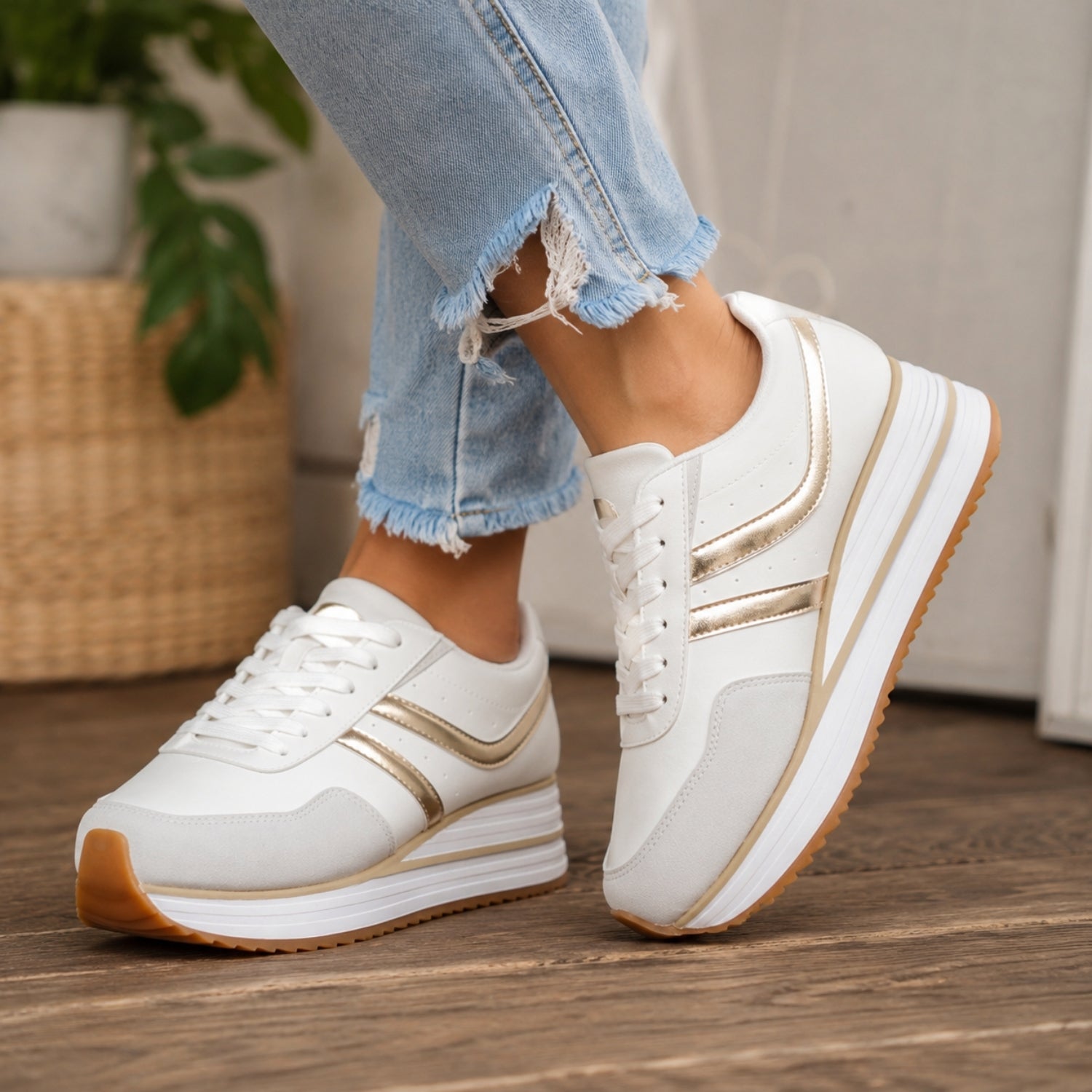 Outwoods Women's Brenna-2 White Platform Fashion Sneaker, Gold Combo