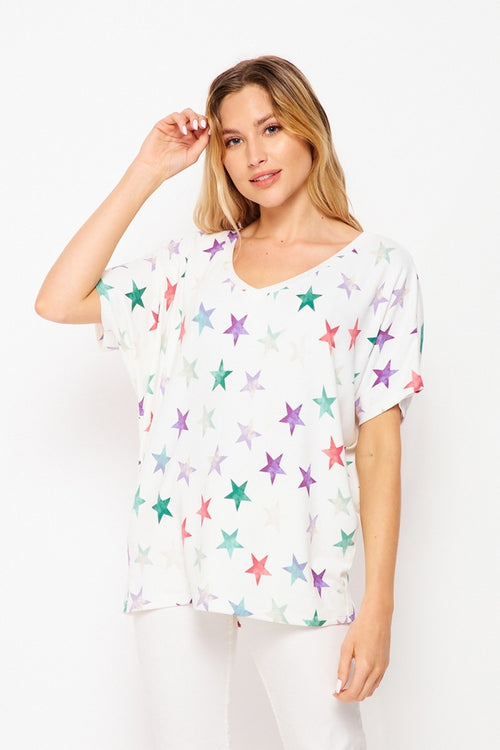 HoneyMe Womens Multicolor Star Print Short Sleeve Tunic Top