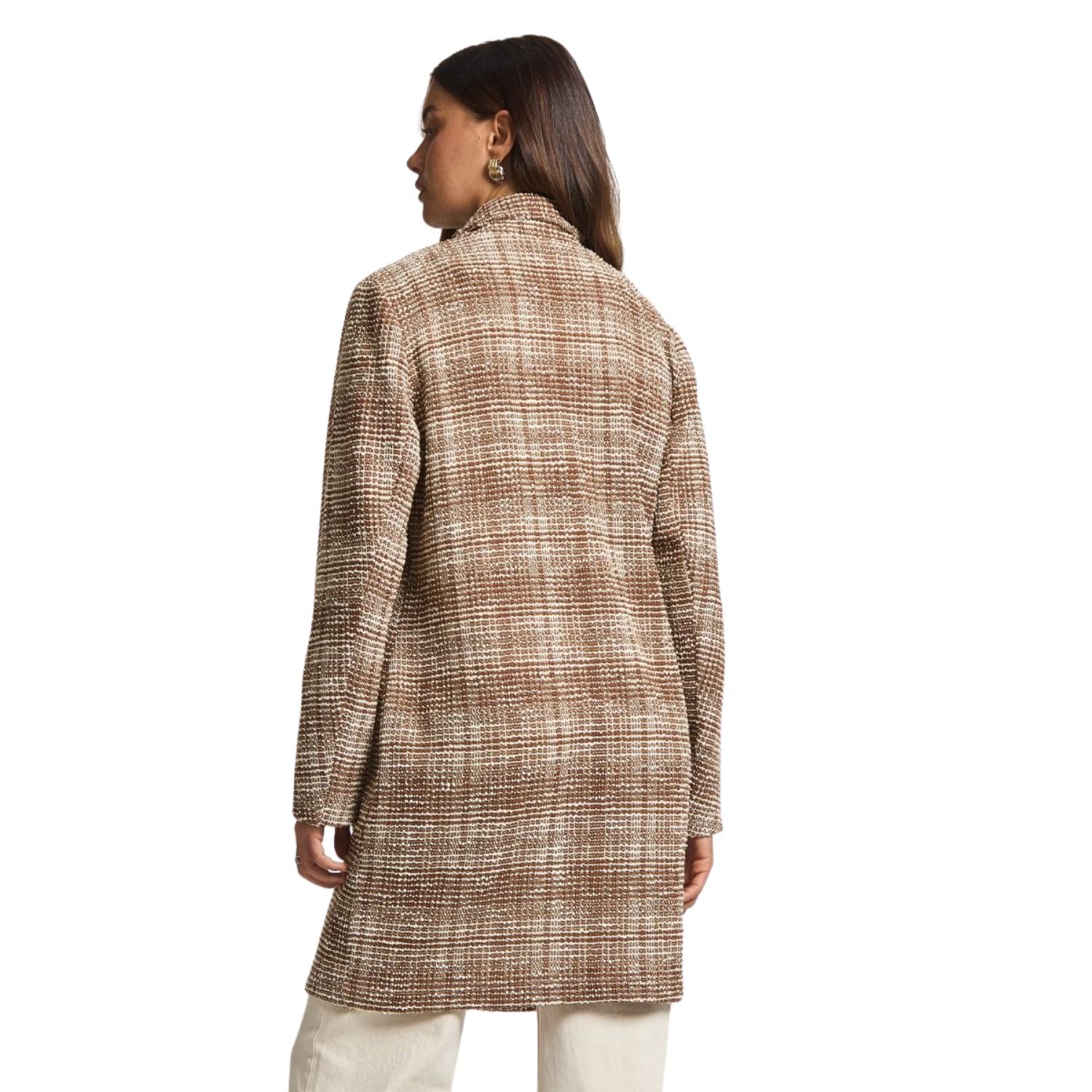 Dear Scarlett Womens Brixton Tweed Midi Open Front Blazer, Mocha Ivory