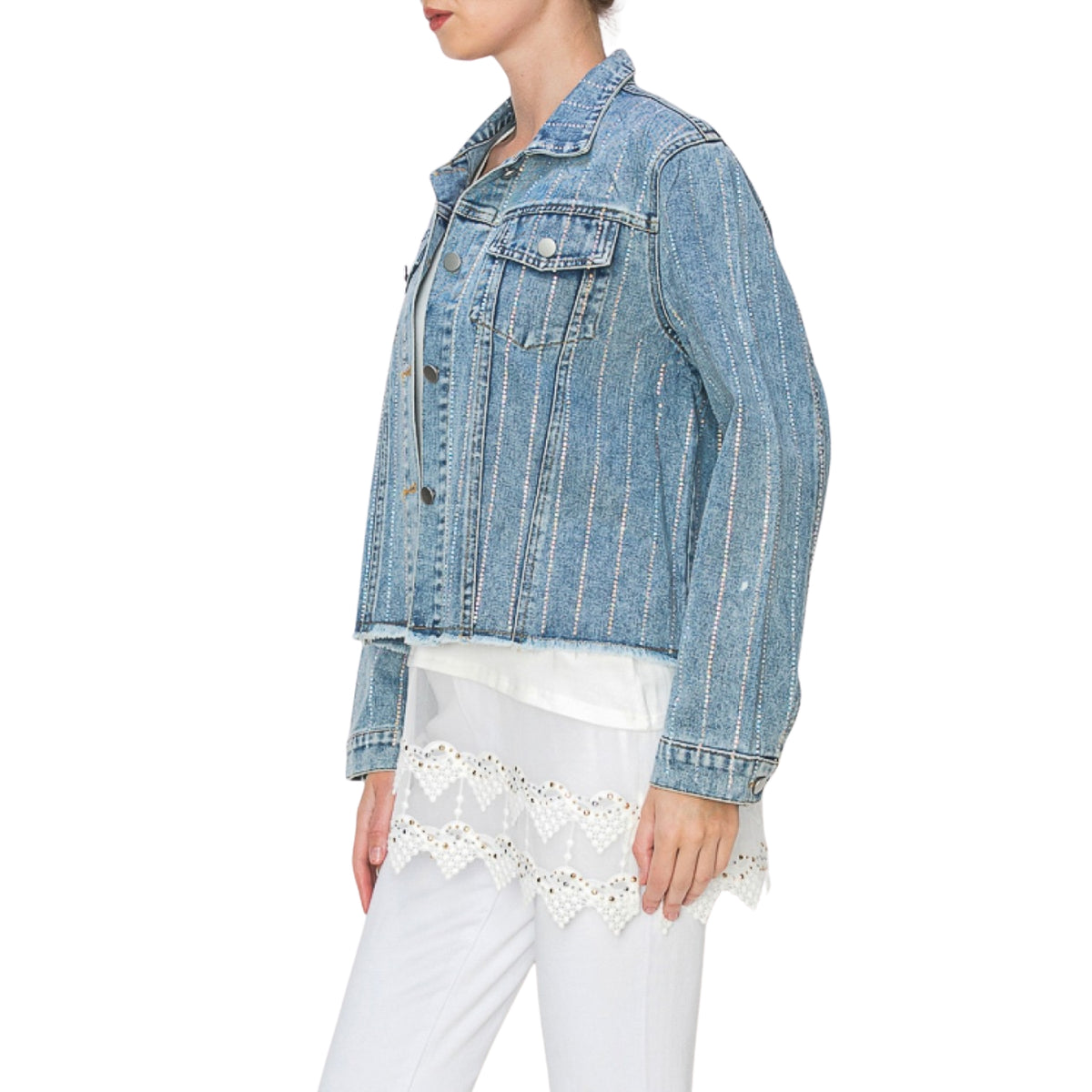 Origami Women's Button Front Sparkle Rhinestone Stripe Denim Jacket