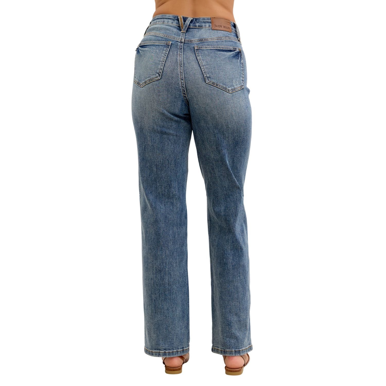 Judy Blue Womens High Rise Tummy Control Straight Jeans - Medium Blue Stretch