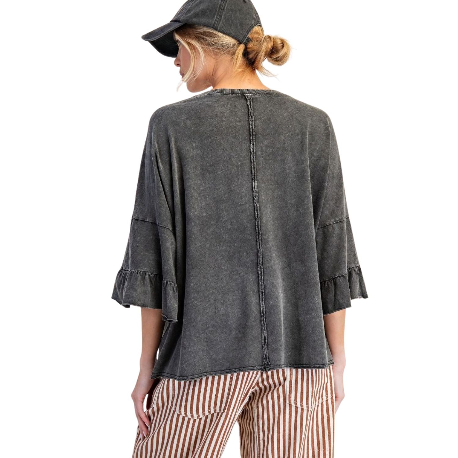 Easel Womens Winged Ruffle Sleeve Washed Cotton Slub Top- Black