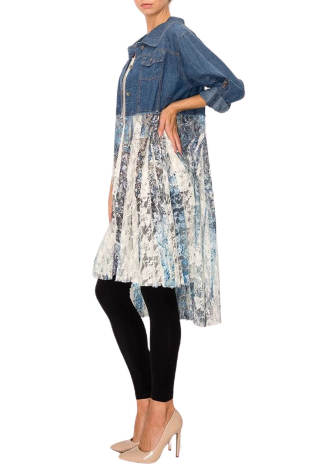 Origami Womens Denim Jacket with Printed Lace Layer (Denim/Navy)