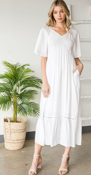 Heyson Womens V-Neck Front Smocked Midi Dress with Pockets