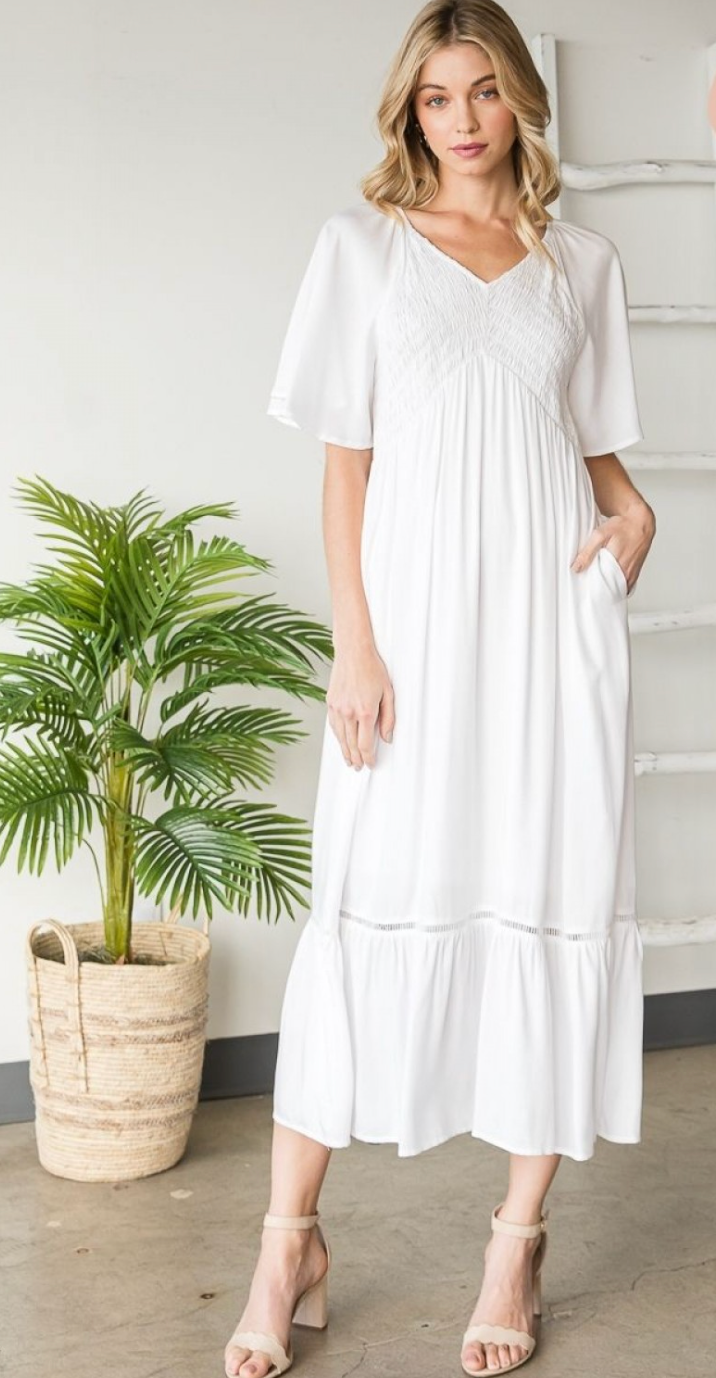 Heyson Womens V-Neck Front Smocked Midi Dress with Pockets