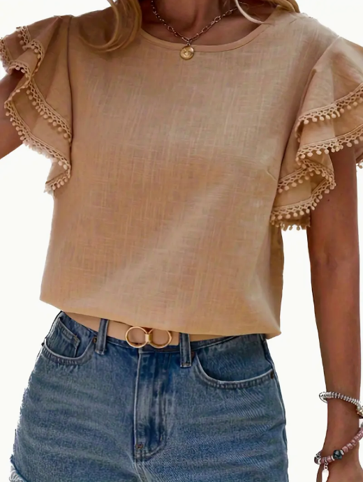 Ruffle Sleeve Women's Layered Blouse, Beige