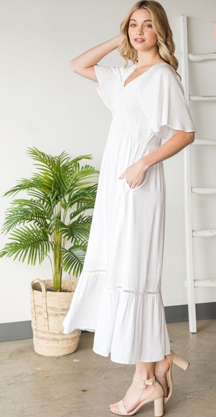 Heyson Womens V-Neck Front Smocked Midi Dress with Pockets