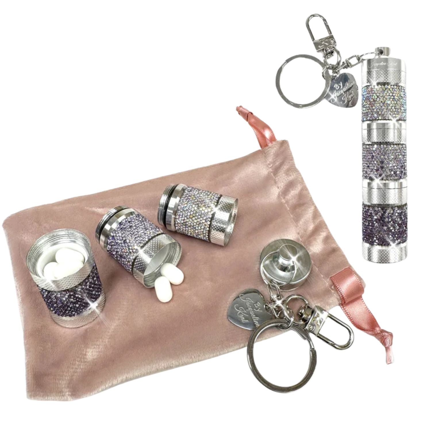Jacqueline Kent Crystal Embellished Pill Container Keychain – Purple Ombré