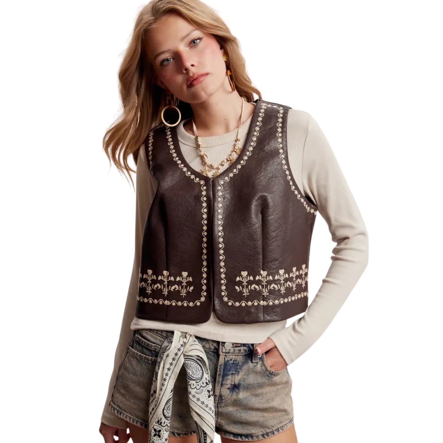 Listicle Women's Embroidered Faux Leather Western Vest, Mocha