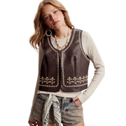 Listicle Women's Embroidered Faux Leather Western Vest, Mocha