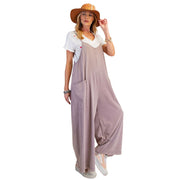 Easel Womens Mineral Washed Cotton Wide leg Jumpsuit Romper- Twilight Mauve