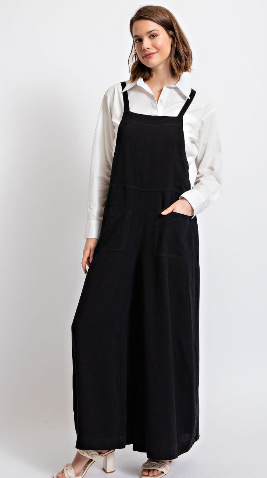 Easel Womens Textured Linen Wide leg Jumpsuit Overall, Black