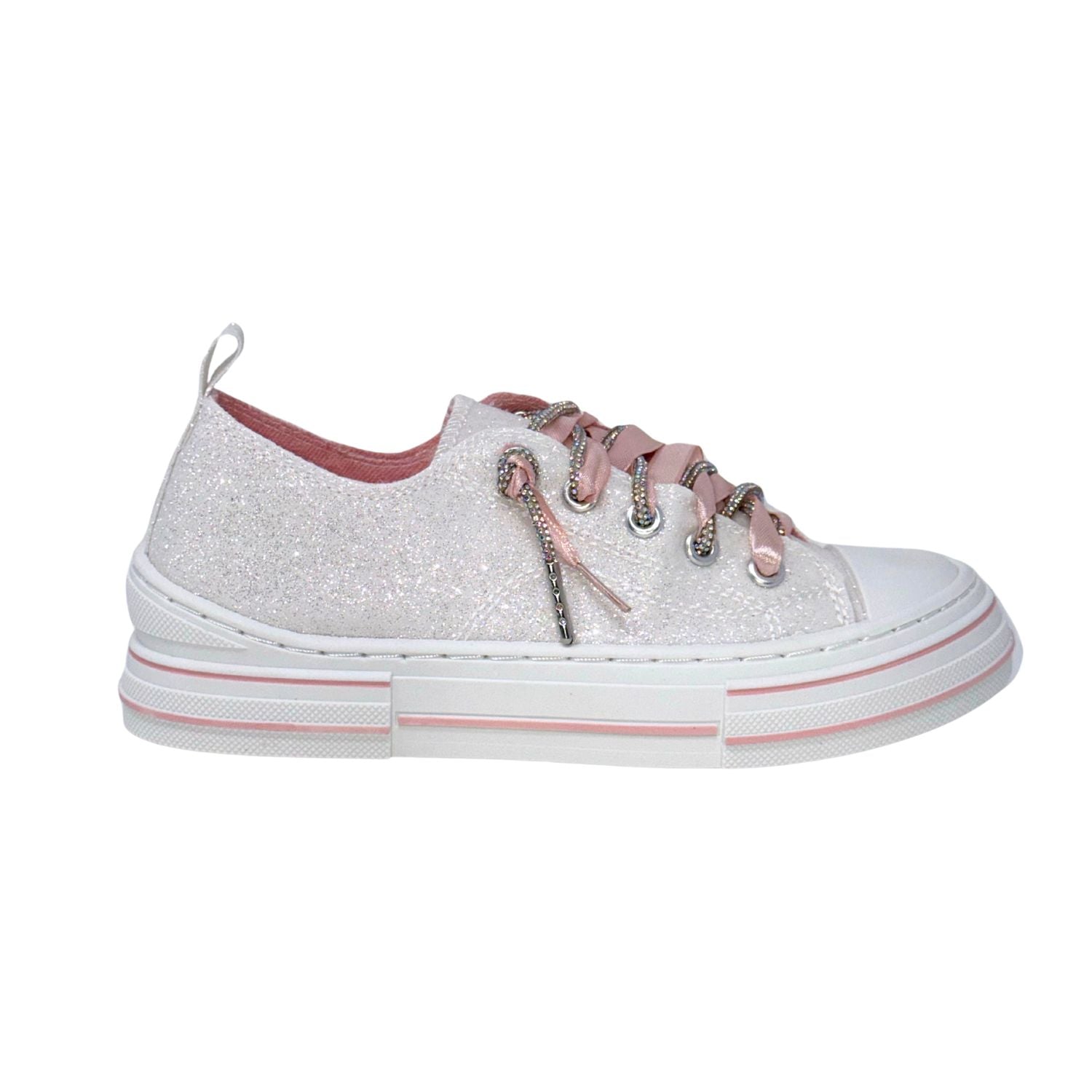 Very G Aman Mary's Version Women's Glitter Rhinestone Lace-Up Sneaker, White/Pink