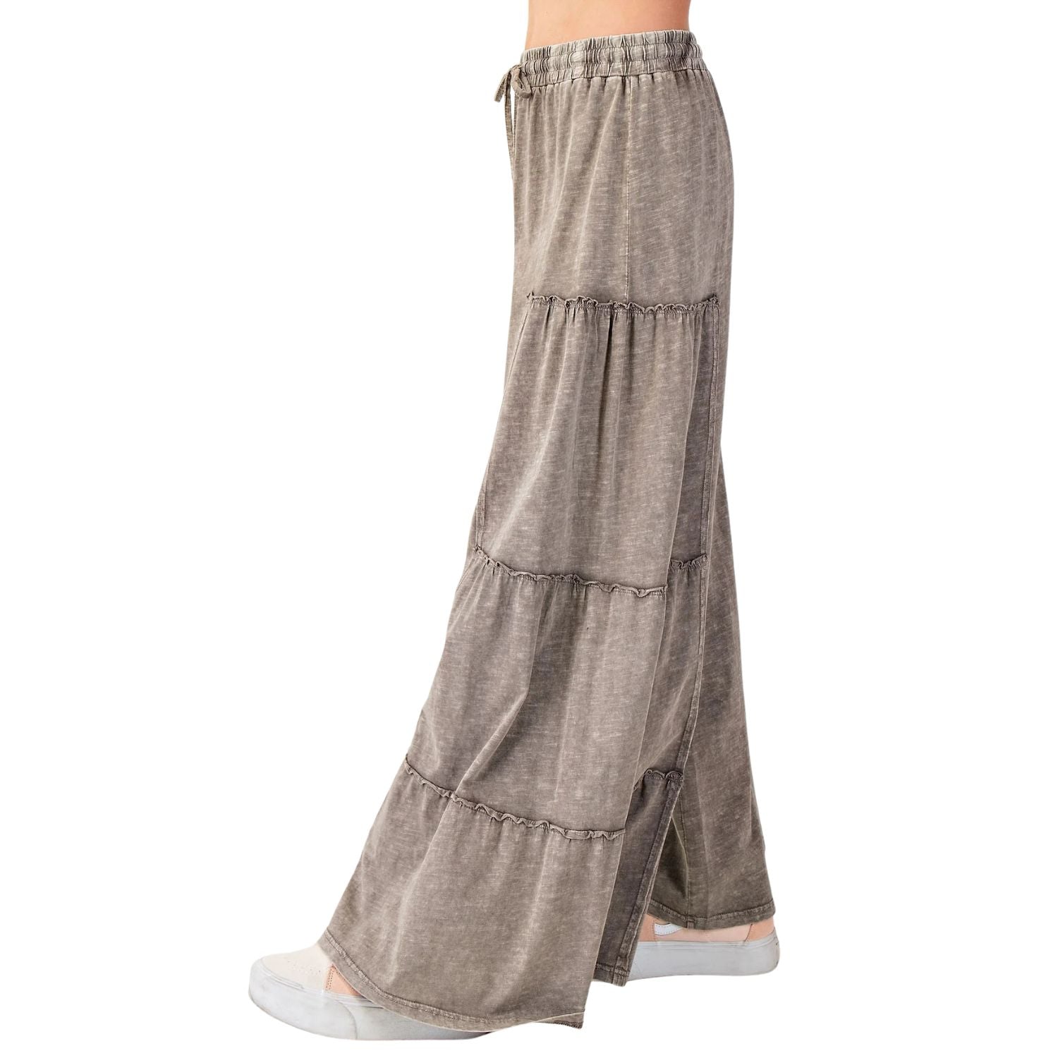 Easel Womens Mineral Washed Tiered Wide Leg Terry Knit Pants