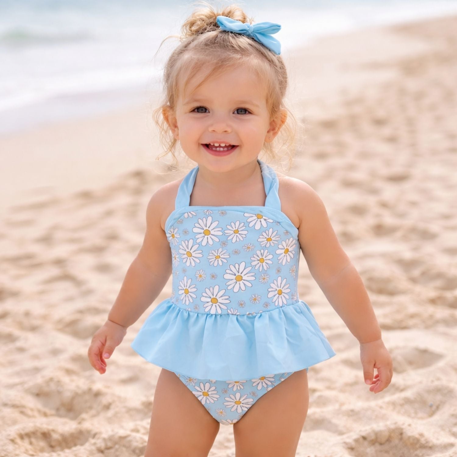Heat Swimwear Toddler Girls Blue Daisy Peplum Tankini Swimsuit Set