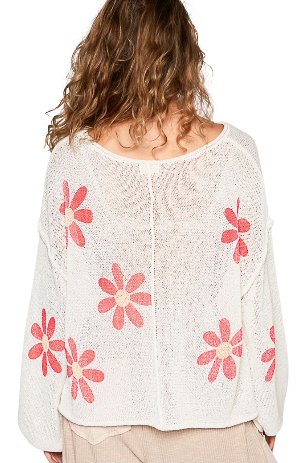 POL Clothing Womens Floral Print Balloon Sleeve Pullover Sweater