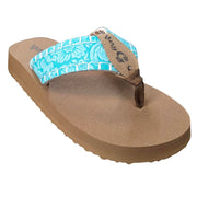 Very G Womens Pamela Western Floral Embossed Leather Strap Flip Flops - Turquoise
