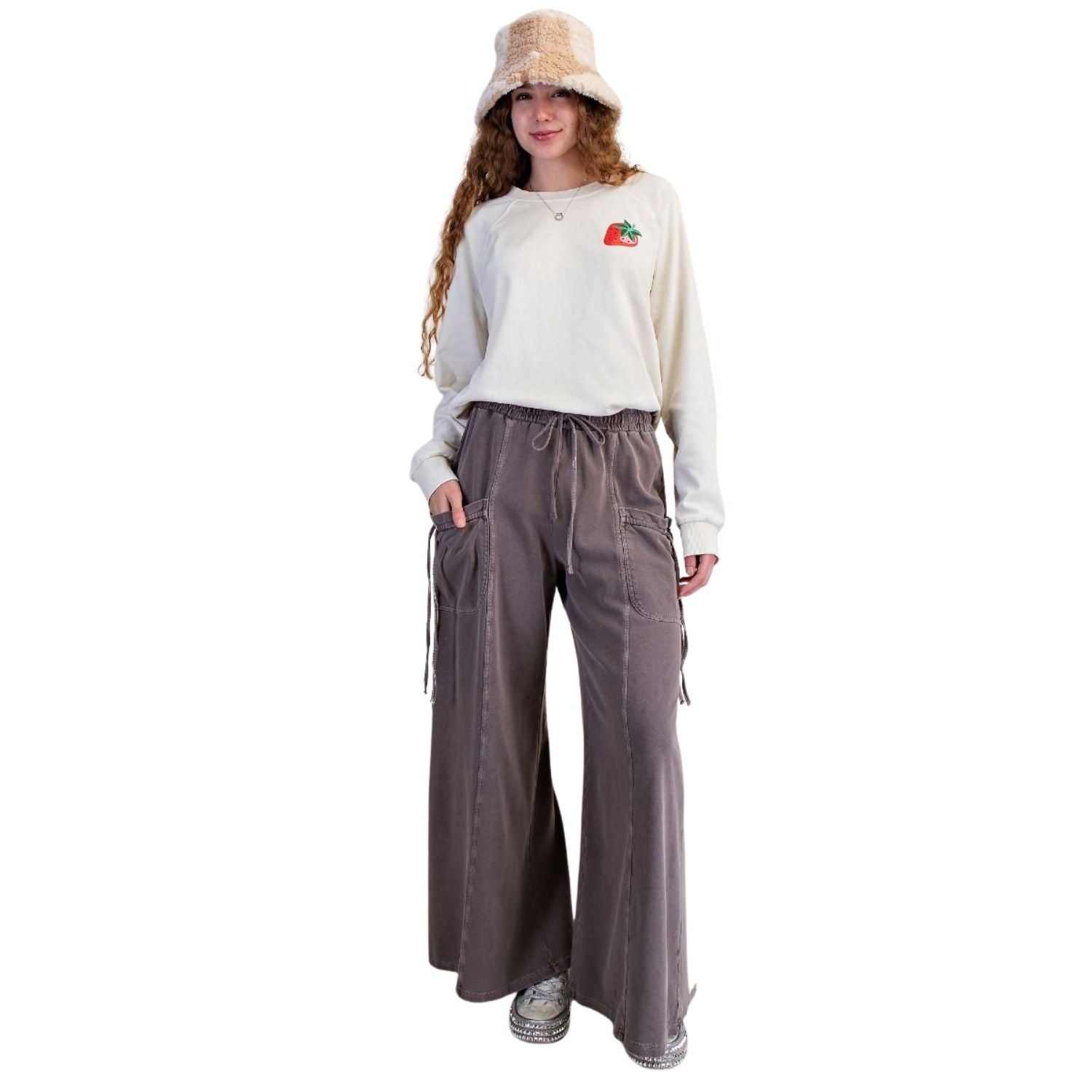 Easel Womens Mineral Washed Terry Knit Wide Leg Pants