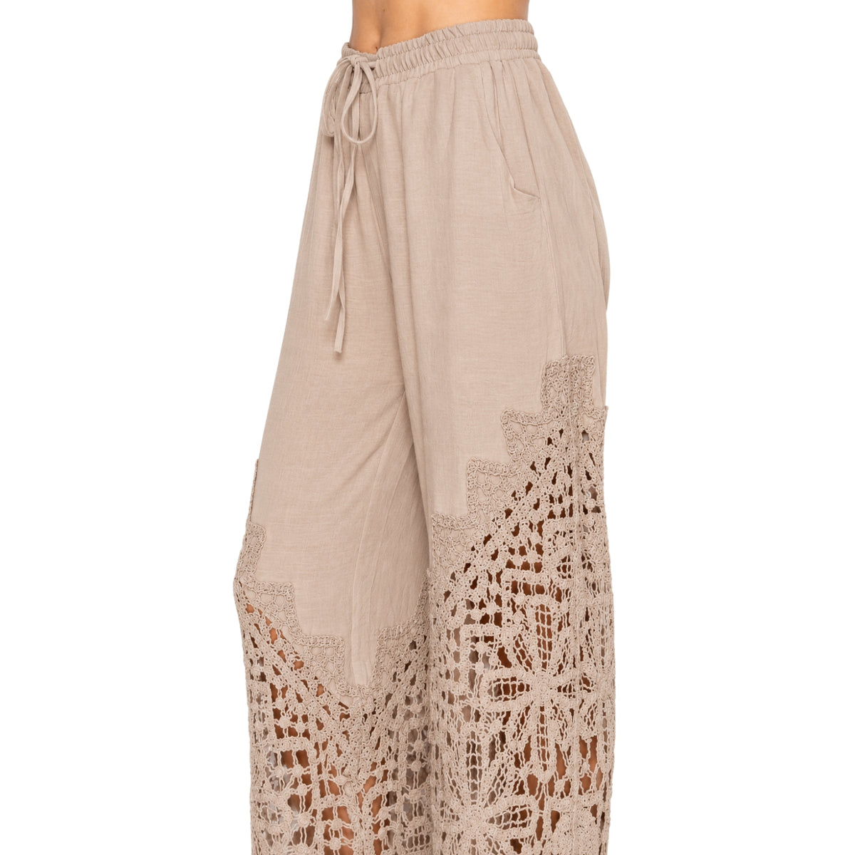 Origami Women's Crochet Lace Wide Leg Drawstring Pants, Taupe
