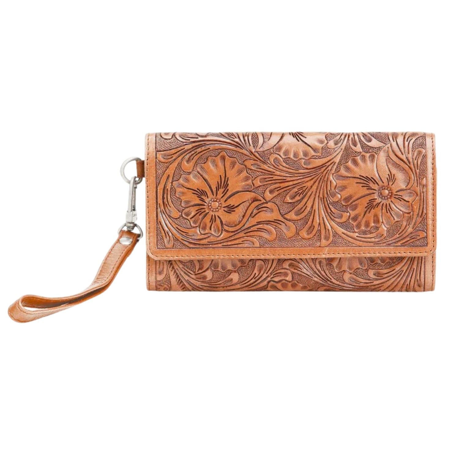 Loyal West Womens Drover Hand-tooled Floral Leather and Calfskin Wallet- Brown