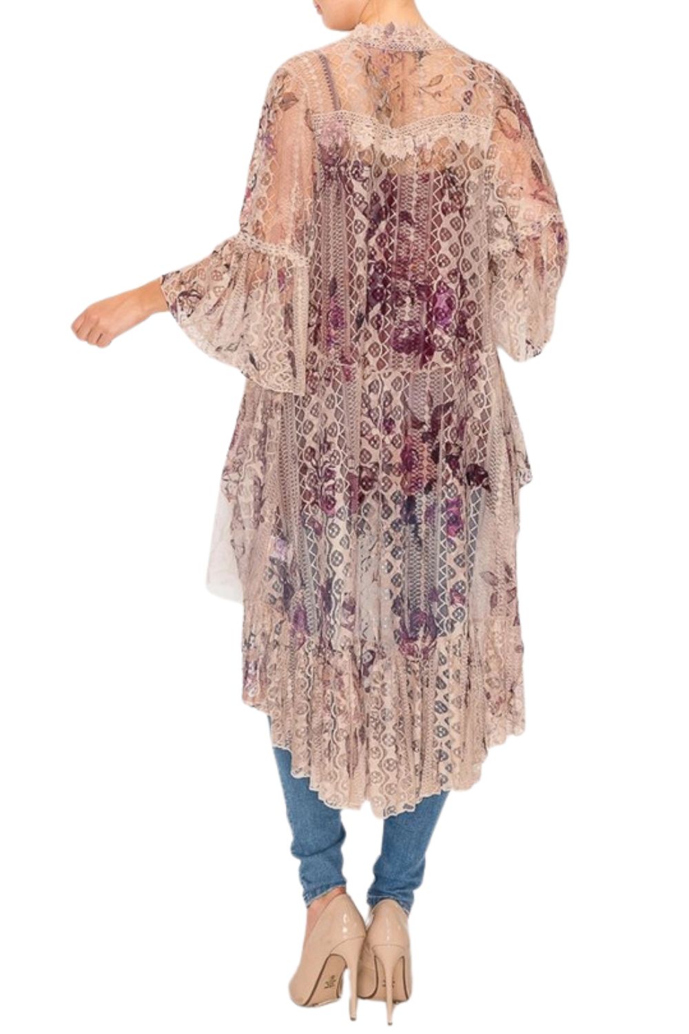 Origami Lace Western Vintage Bohemian Hi Lo Cardigan - Taupe 2 Rose Duster