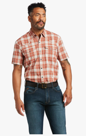 ARIAT Men's Venttek Western Fitted, Short Sleeve Button Down Shirt, Baked Clay