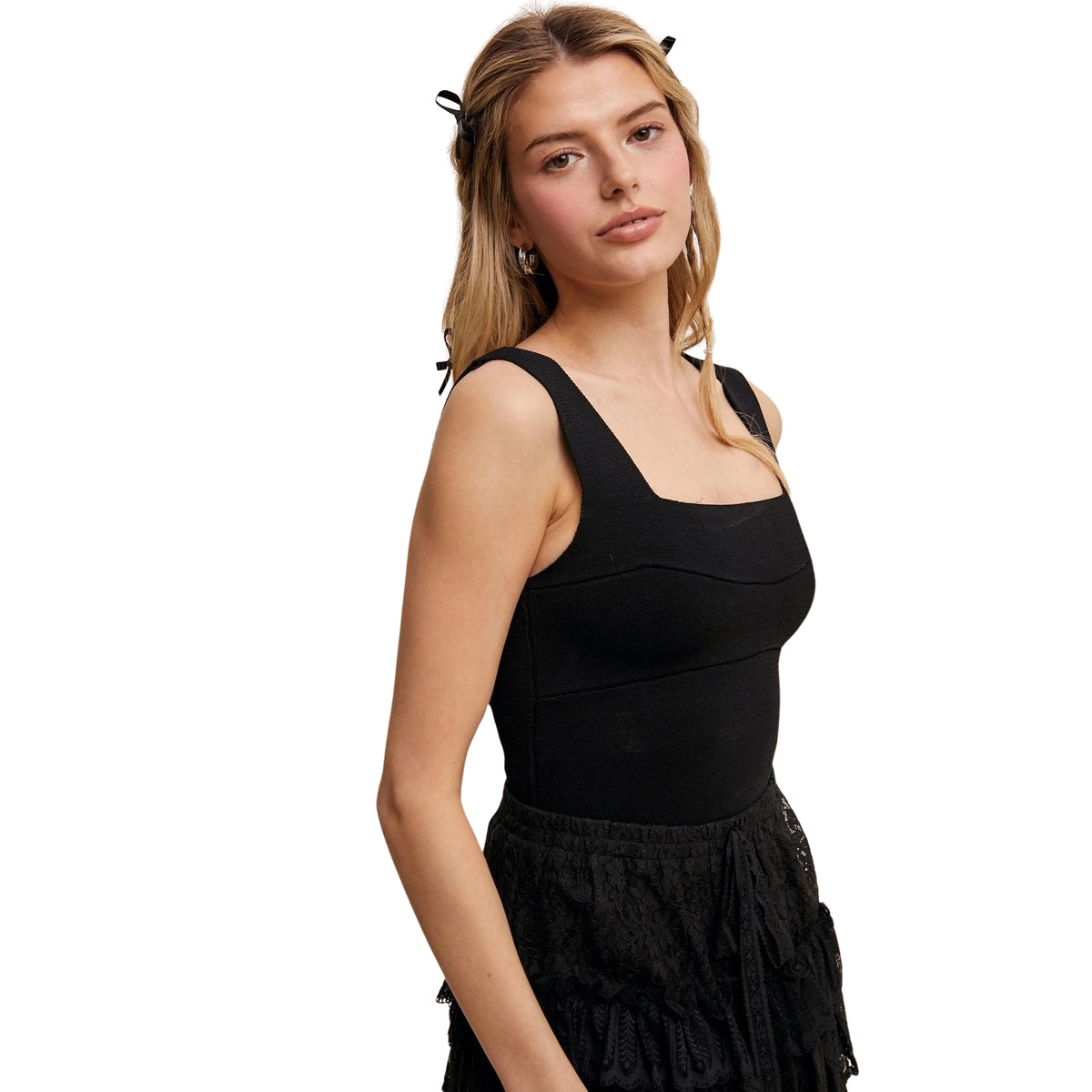 Listicle Women's Square Neck Bandage Knit Cropped Brami Top, Black