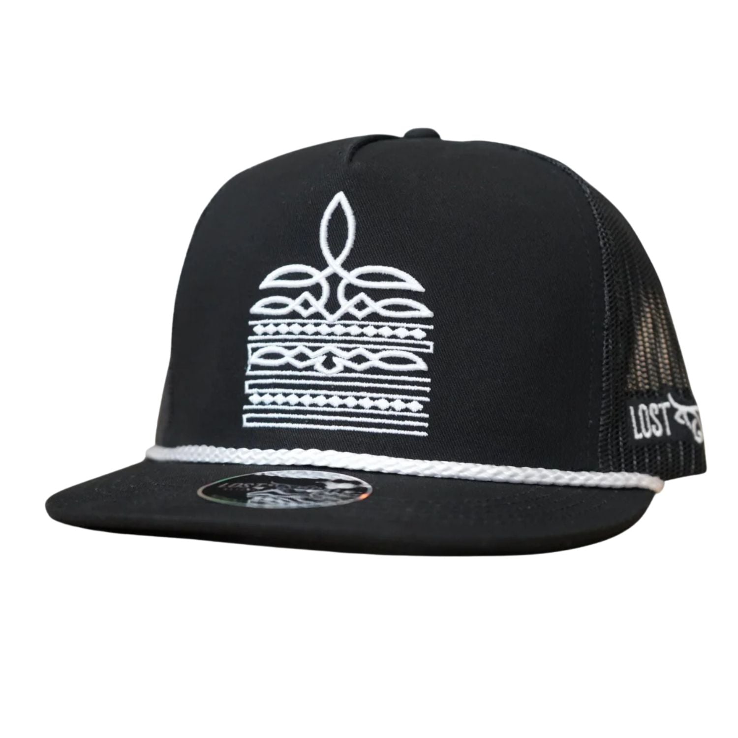 Lost Calf Mens Ringle Rope Flat Bill Adjustable Snapback Cap Hat, Black/White