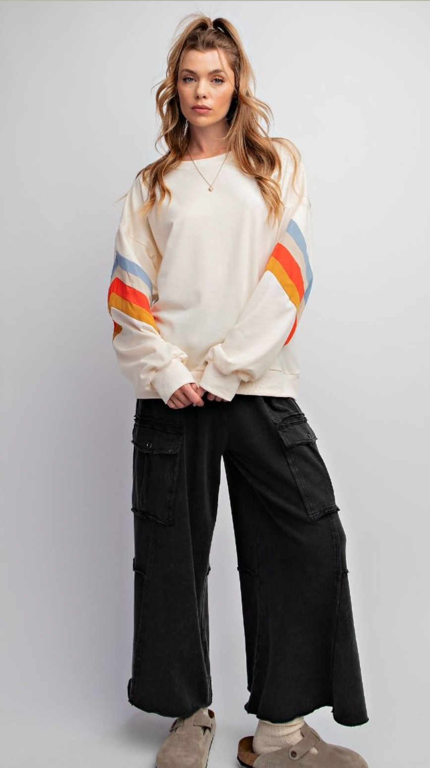 Easel Womens Utility Mineral Washed Wide Leg Terry Knit Cargo Pant, Black