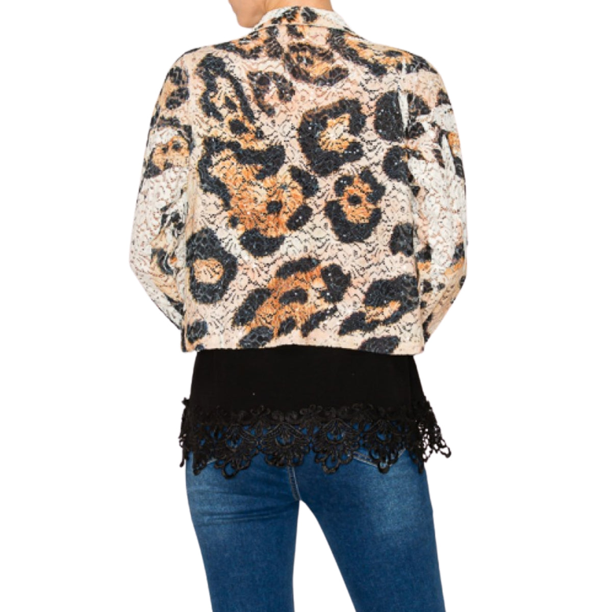 Origami Women's Sequin & Lace Leopard Print Crop Jacket