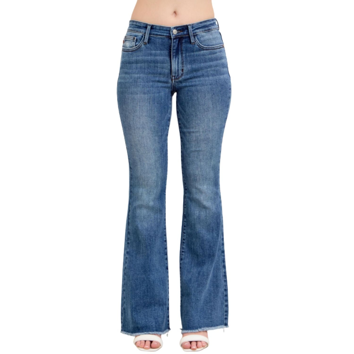 Judy Blue Womens Mid Rise Fray Hem Vintage Wash Flare Jeans