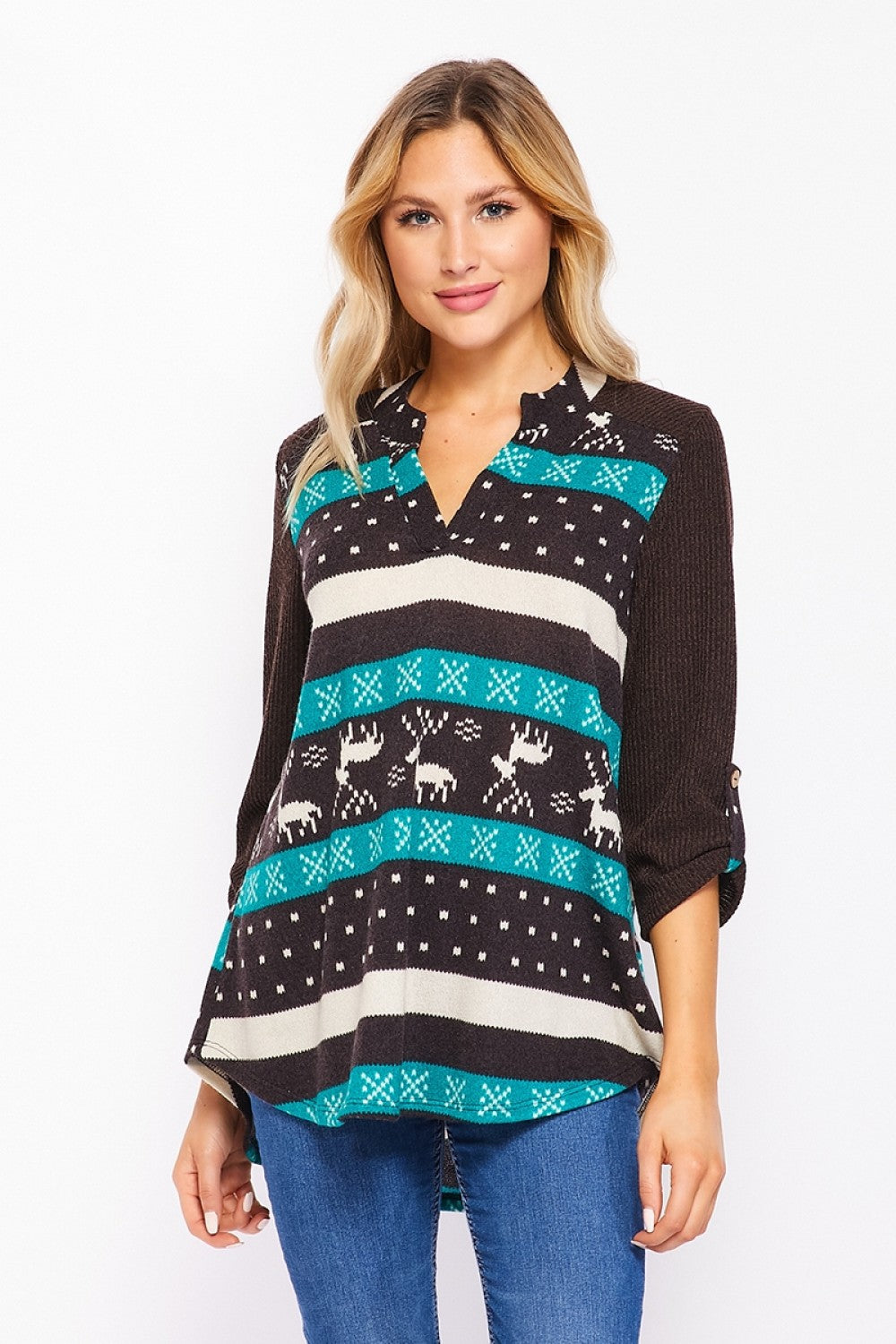HoneyMe Womens Reindeer Stripe Pattern Roll Tab Sleeve Knit Top