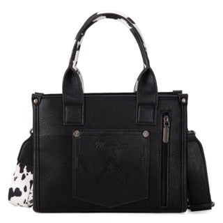 Wrangler Cow Print PU Leather Concealed Carry Tote Crossbody Purse- Black/Cow