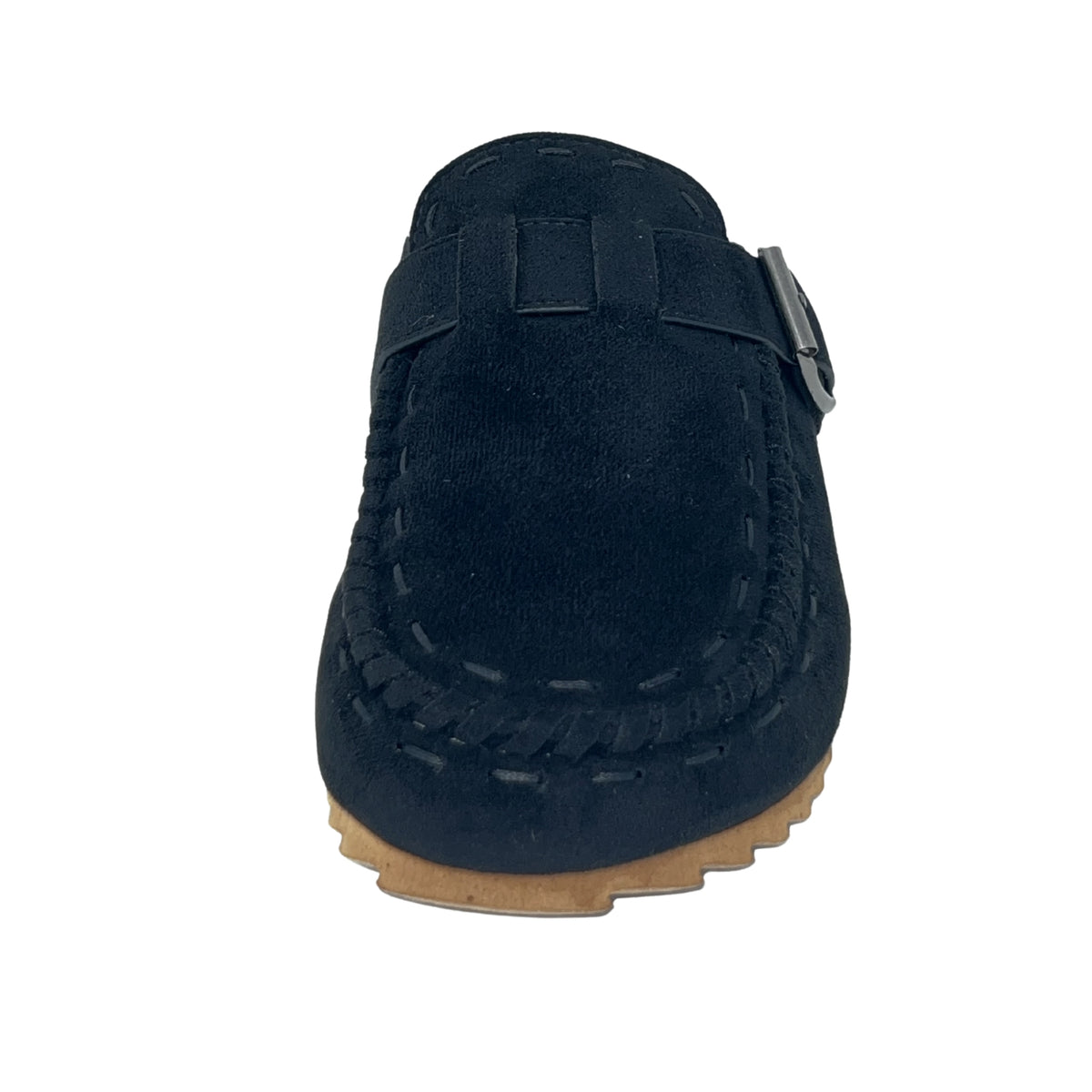 Very G Bella Women's Suede Mule Clog with Buckle Strap, Black