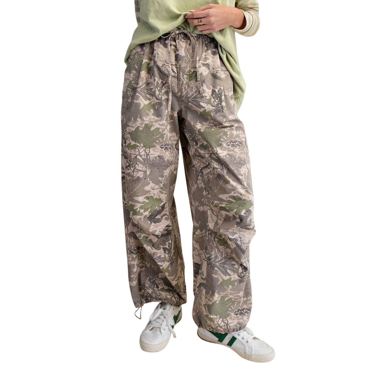 Easel Womens Camouflage Printed Washed Twill Relaxed Fit Pants- Olive