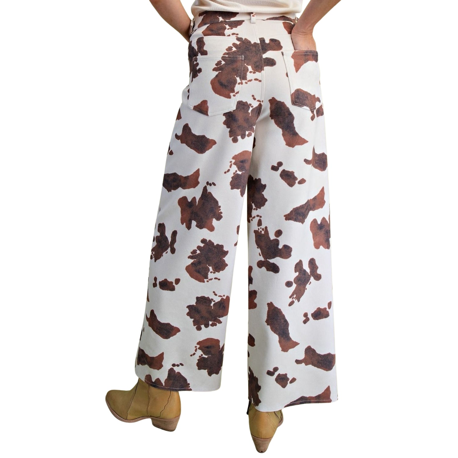 Easel Women's Cow Print Stretch Suede High Rise Wide Leg Pants, Khaki