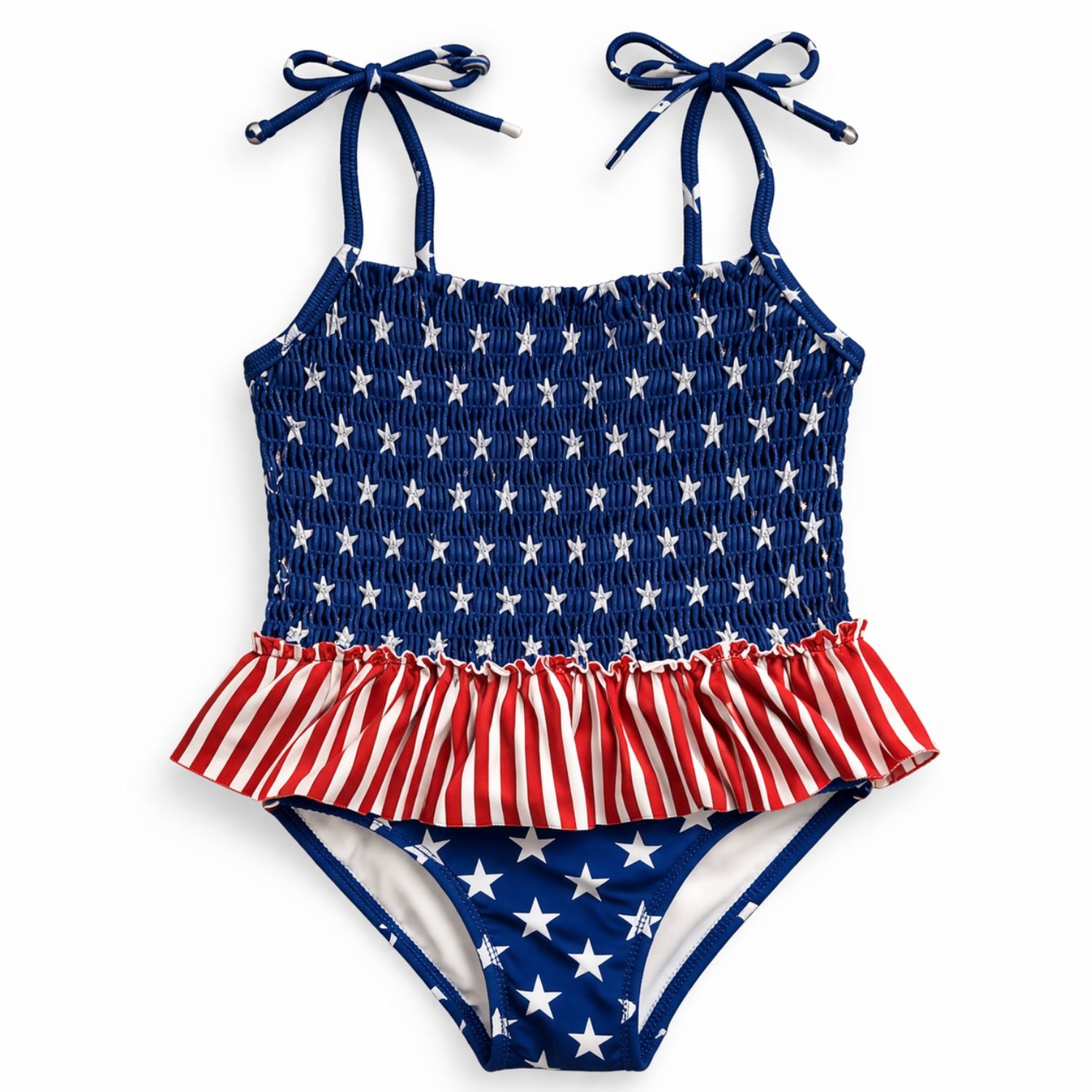 Heat Swimwear Toddler Girls American Flag Smocked One Piece Ruffle Swimsuit