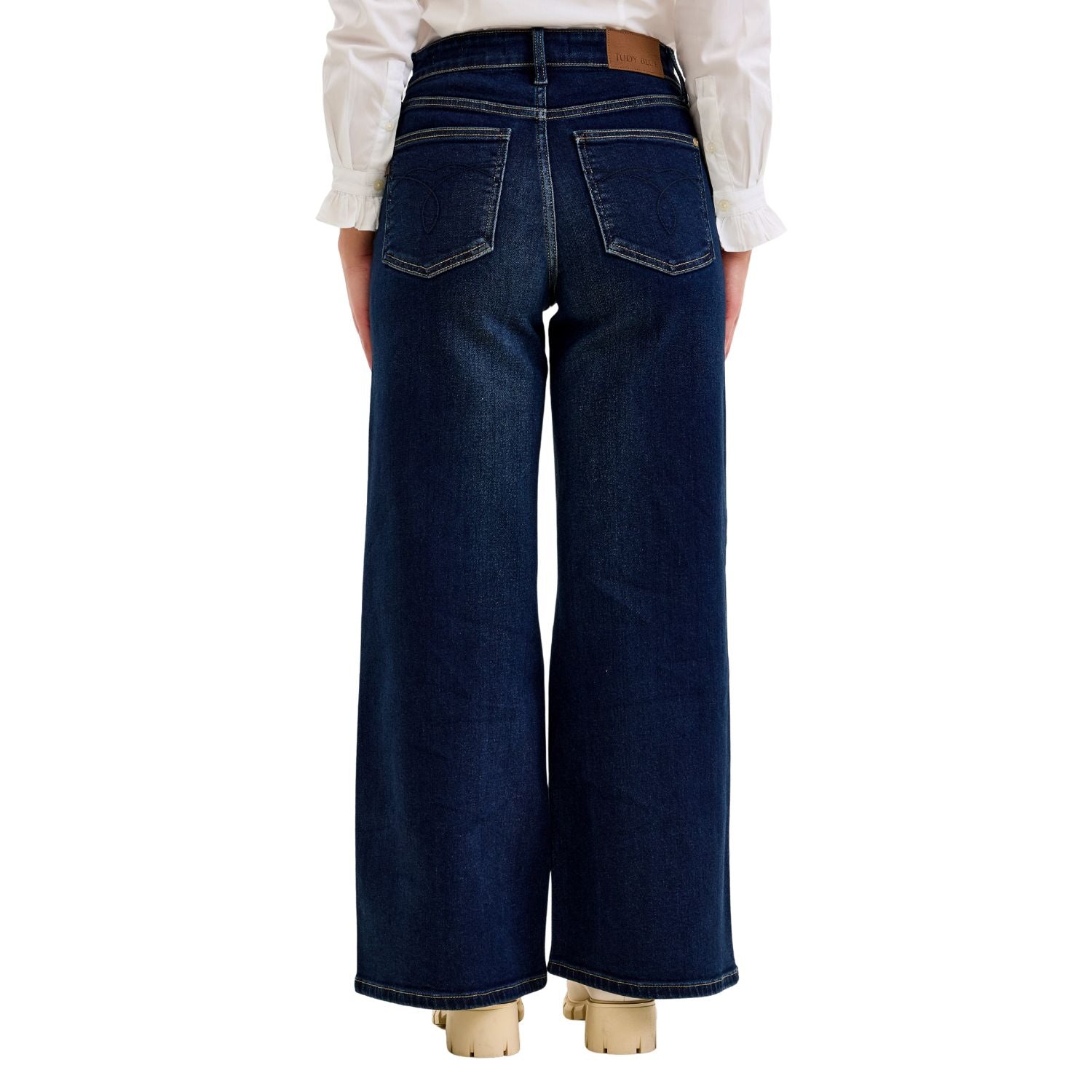 Judy Blue Womens High Waist Petite Lux Retro Wide Leg Jeans- Dark Twilight Blue