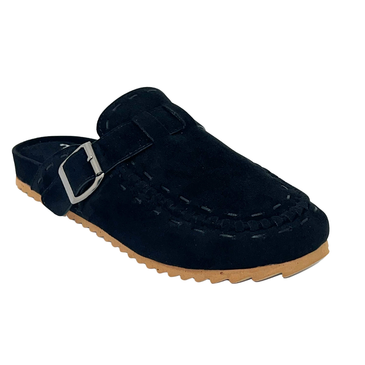 Very G Bella Women's Suede Mule Clog with Buckle Strap, Black