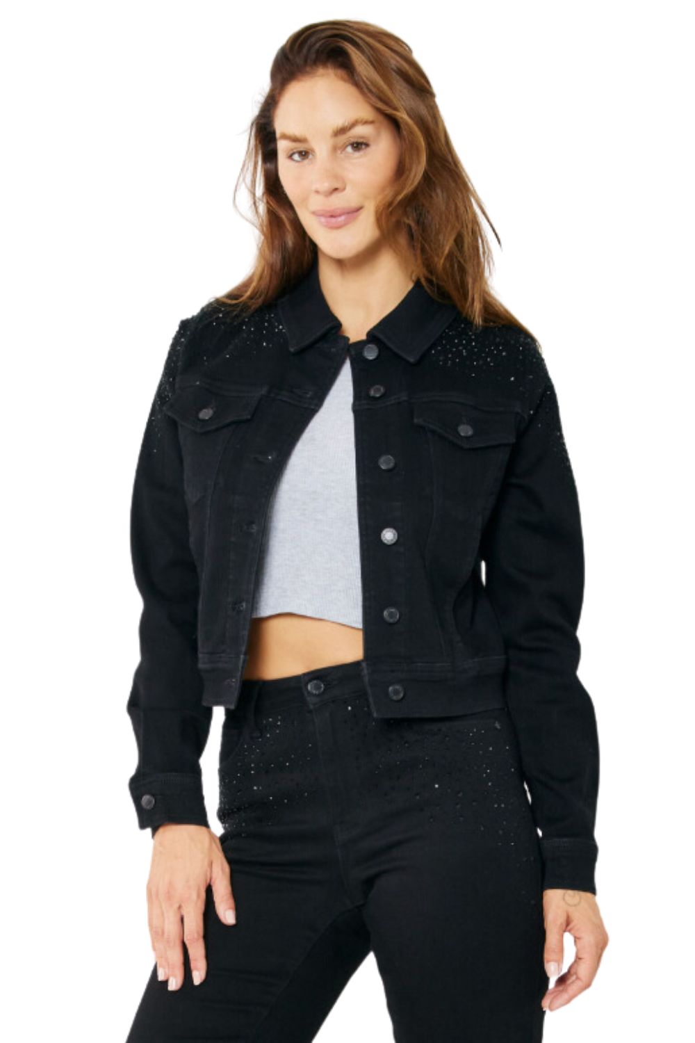 Judy Blue Womens Rhinestone Button Down Denim Jean Jacket