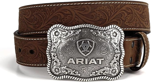 Ariat Mens Straight Floral Buckle Embossed Leather Belt, Aged Bark