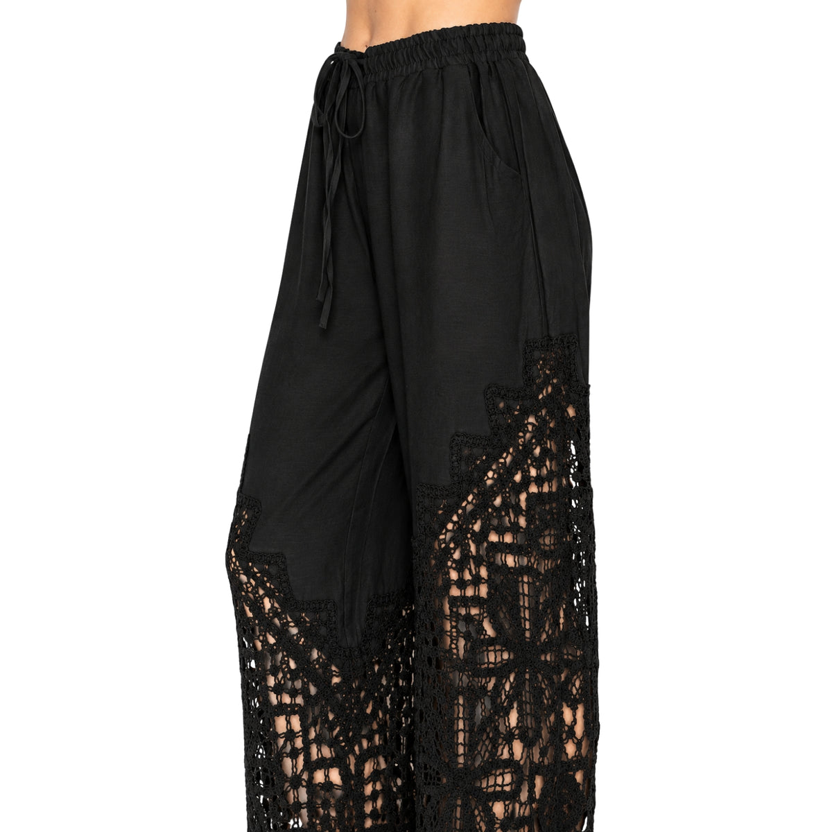 Origami Women's Crochet Lace Wide Leg Drawstring Pants, Black
