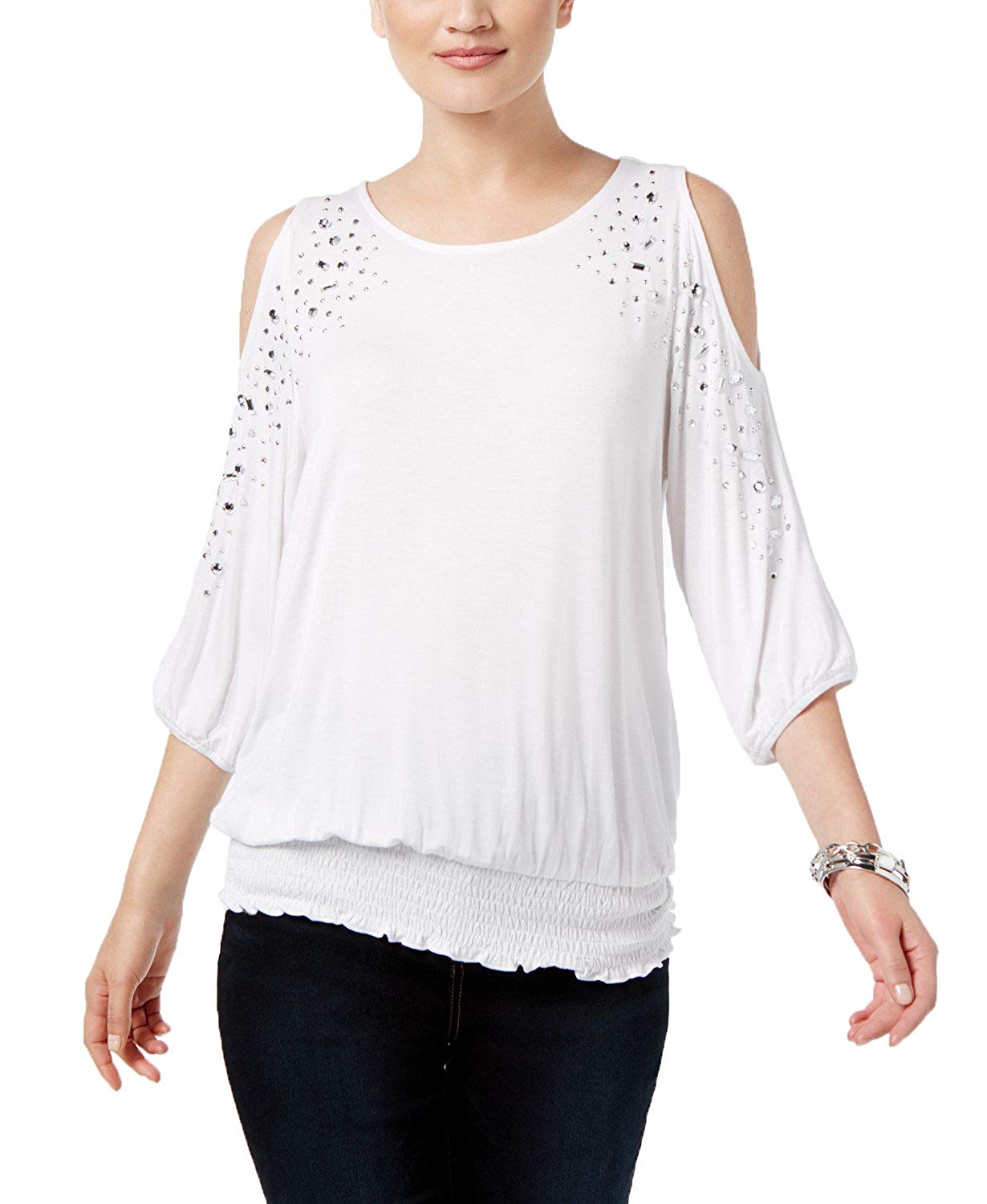 INC International Concepts Womens Petite Embellished Cold-Shoulder Top