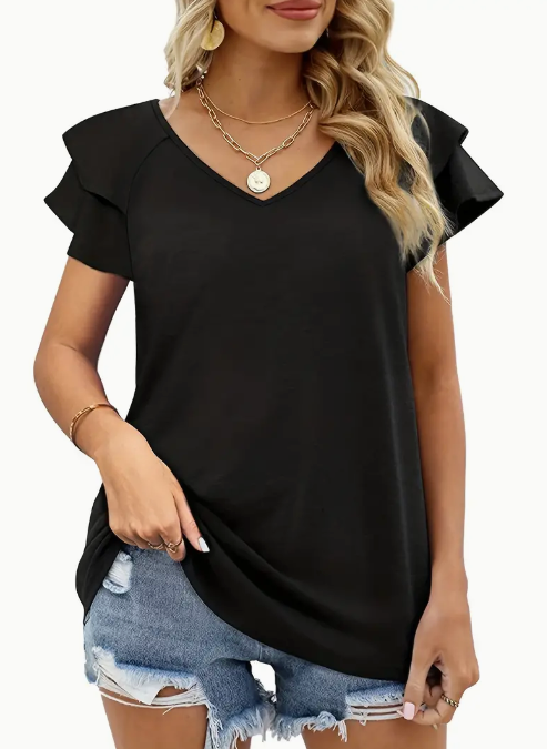Women's Black Ruffle Sleeve Blouse T-Shirt