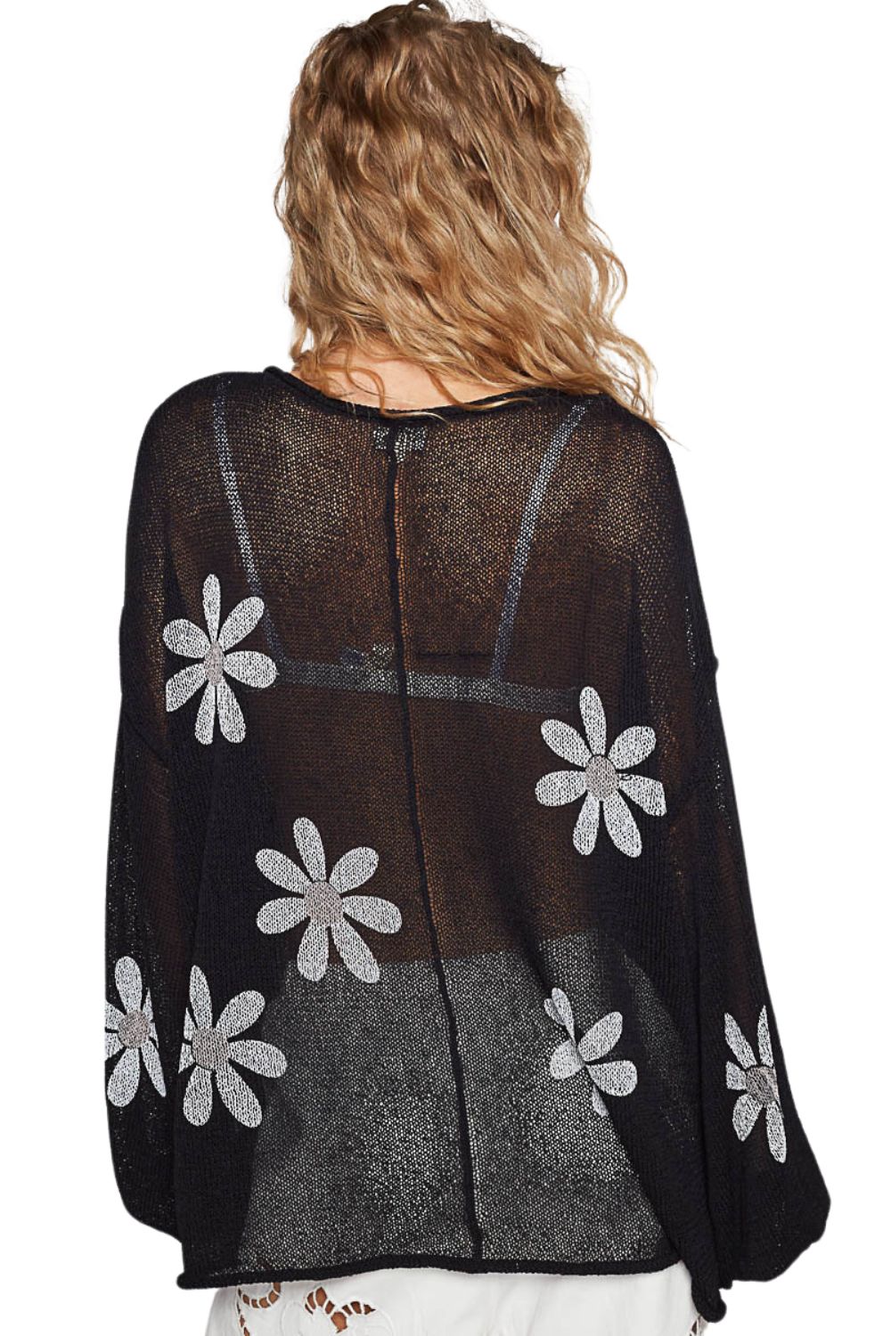 POL Clothing Womens Floral Print Balloon Sleeve Pullover Sweater, Black