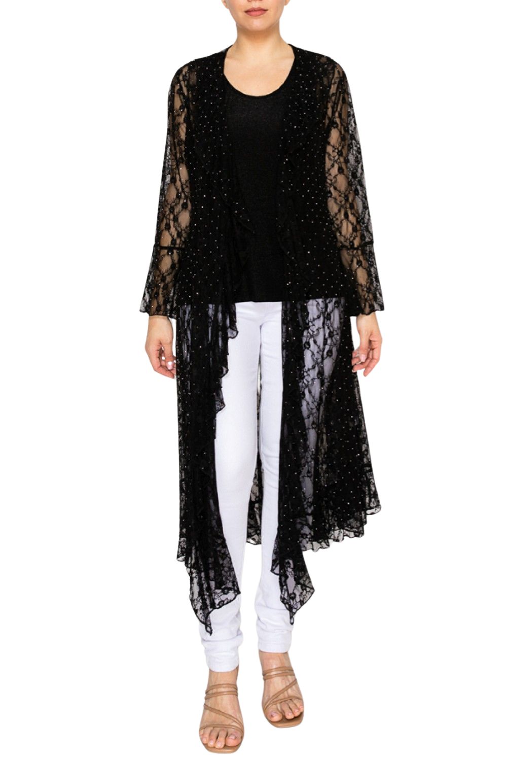Origami Womens Open Front Long Lace Duster Cardigan, Black