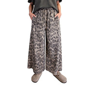 Easel Women's Mineral Washed Leopard Print Wide Leg Terry Knit Pants, Ash